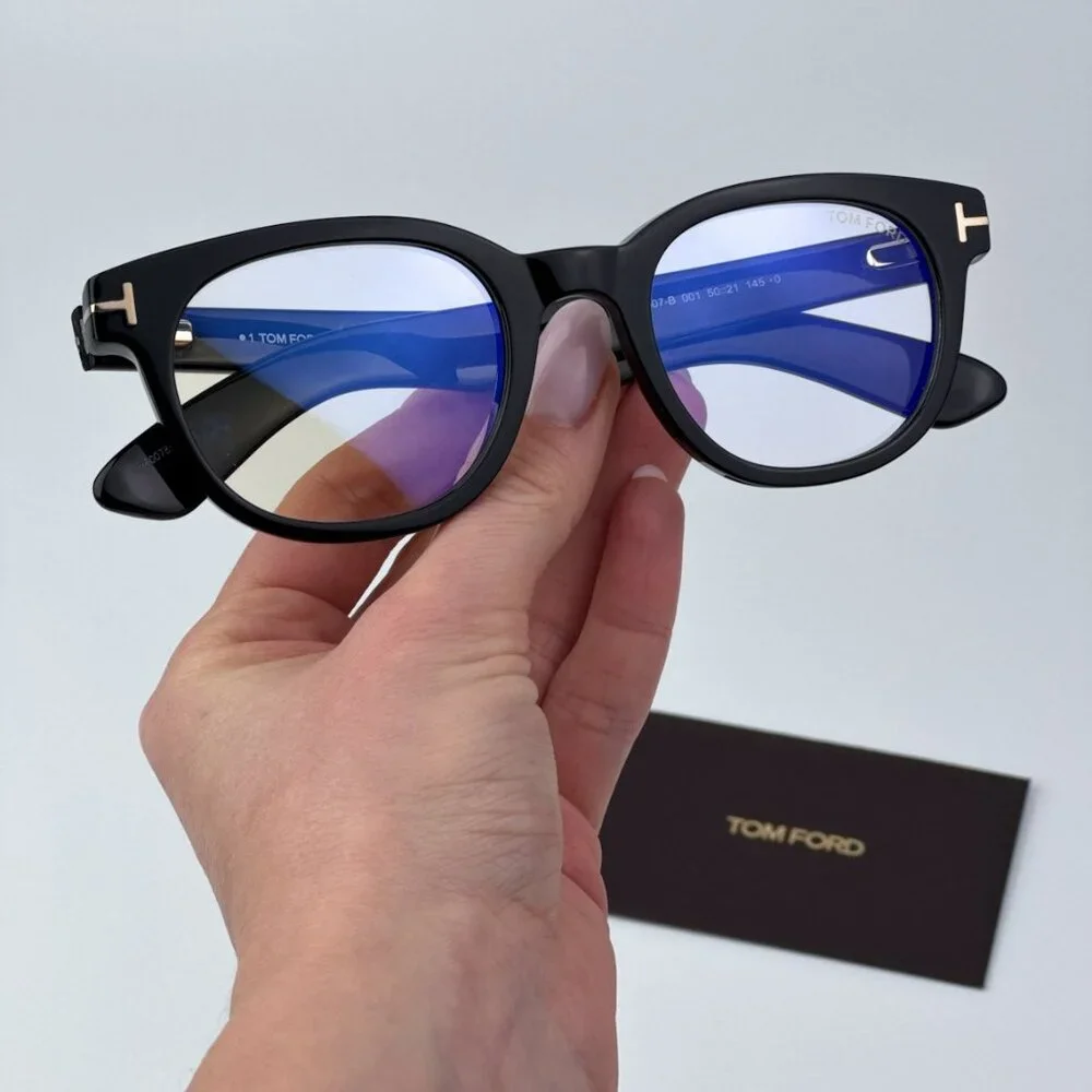 Tom Ford Women Black Clear Blue Block Round BRAND NEW Eyeglasses FT5807-B/O 001